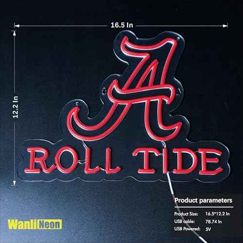 Roll Tide Neon Sign for Wall Decor, Football LED Lights Signs Sign for Bar Man Cave Bedroom Home Bar Shop Pub Bistro Party Hotel Game Room Decor Gifts, USB Powered