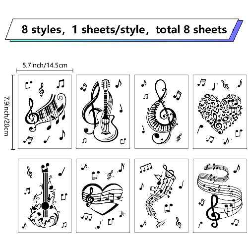 CRASPIRE 8 Sheets Musical Note Wall Stickers PVC Waterproof Self-Adhesive Window Decals Piano Guitar Heart Peel and Stick Removable for Classroom Home Decoration Bedroom Bathroom Wall Art