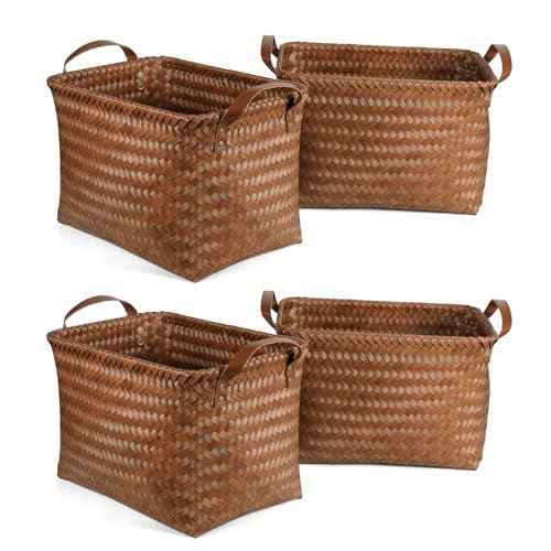 15L Laundry Baskets Waterproof Storage Baskets For Shelves Large Laundry Hamper With Leather Handle -set of 4 Cube Organizers Woven Bins for Bathroom,Bedroom,Pantry,Clothes,Car & Towels-Brown