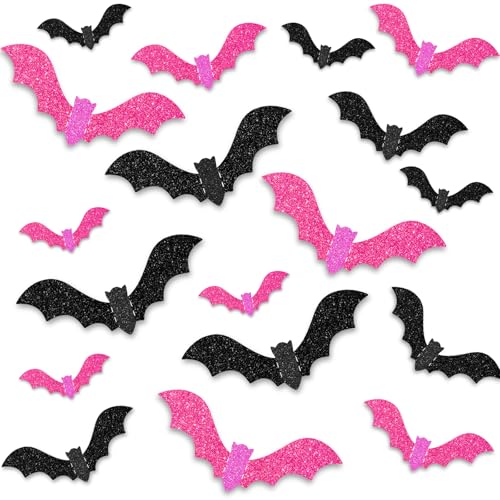 18 Pieces Halloween Bats Wall Decor, 3 Sizes 3D Glitter Pink Black Bats Stickers for Halloween Party Home Kitchen Bedroom Bathroom Decorations