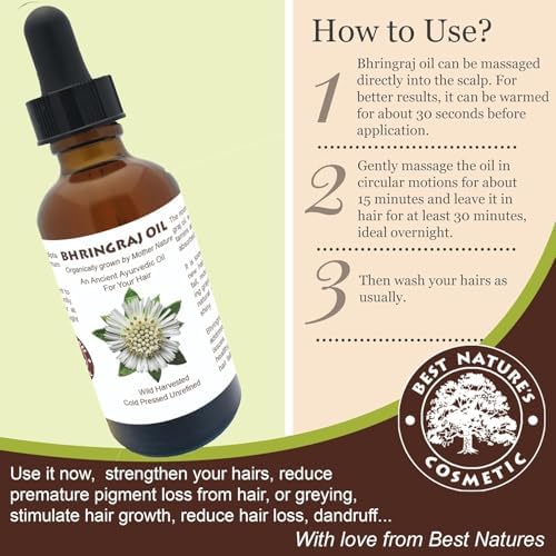 Best Natures Bhringraj Oil, Indian Eclipta Alba Oil, Pure and Natural, Cleans scalp, Improve overall appearance of hair. Goodbye Dandruff, For Graying, Hello Luminously shiny hair / 2 fl oz