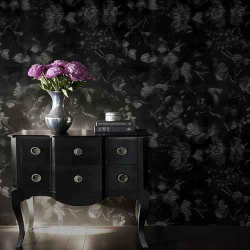 Black Peel and Stick Wallpaper 15.74" x 118.11" Embossed butterfly Vintage Textured Wall Paper Retro Solid Black butterfly Contact Paper Self Adhesive Wallpaper for Countertop Cabinets Bedroom