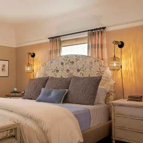 Rattan Plug in Wall Sconce Bedroom Sconces Set of 2 Boho Dimmable Wall Lamp with Plug in Cord Hanging Wall Lights for Living Room