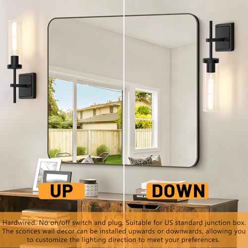 Wall Sconces Set of Two, Matte Black Bathroom Sconces Wall Lighting with Clear Glass, Modern Sconces Wall Decor Set of 2 Hardwired Vanity Light fixtures for Mirror Living Room Hallway Bedroom