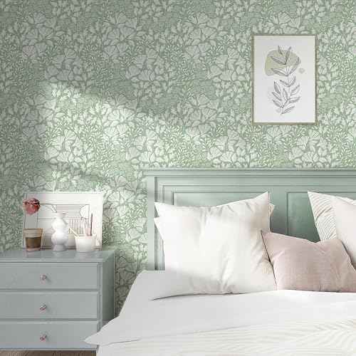 Safiyya Floral Peel and Stick Wallpaper Boho Contact Paper Green and White Wallpaper for Bedroom Waterproof Self Adhesive Removable Wall Paper 118''¡¿17.3''