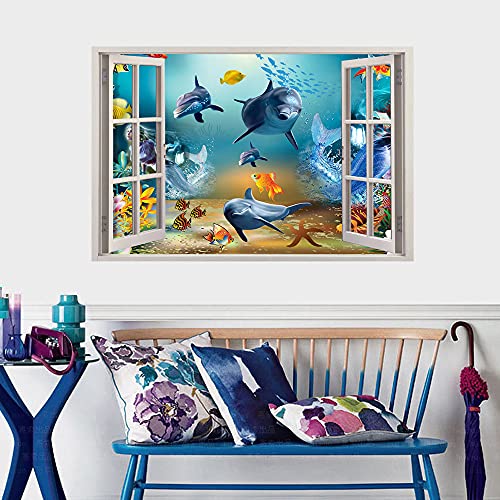 3D Ocean World Fake Windows Wall Sticker,Shark Turtle Tropical Fishes Sea Life Peel and Stick Removable Windows Wall Decals for Boys and Girls Bedroom Playroom Living Room£¨24"x18"£©