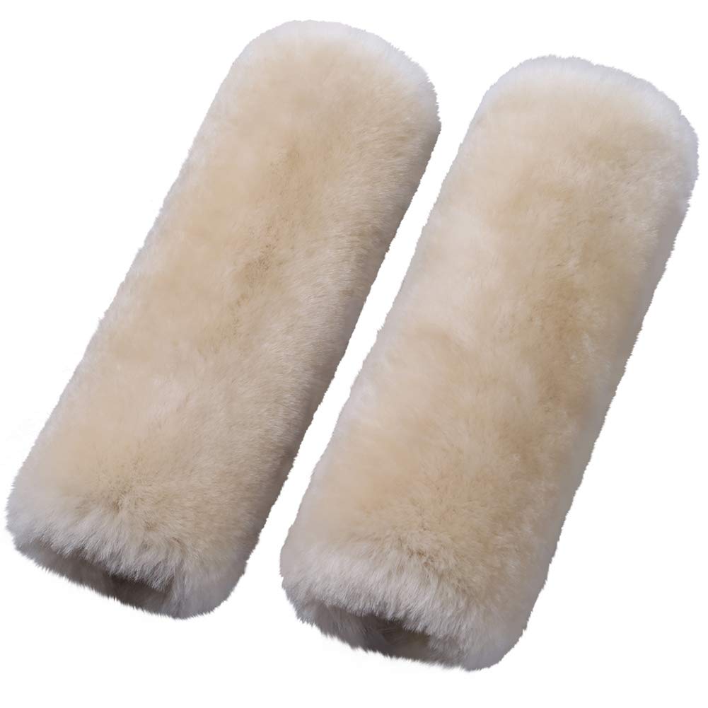 OGLAND 2 Pack Automotive Authentic Sheepskin Car Seat Belt Pads, Soft Shoulder Pad, Neck Cushion Protector, Genuine Natural Merino Wool (Pearl)