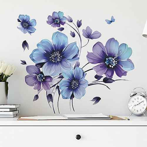 Blue-Purple Ink Daisy Violets Flower Wall Stickers, sacinora Butterfly Floral Art Wall Decals Removable Vinyl Peel and Stick for Living Room Bedroom Nursery Children's Room Decorations