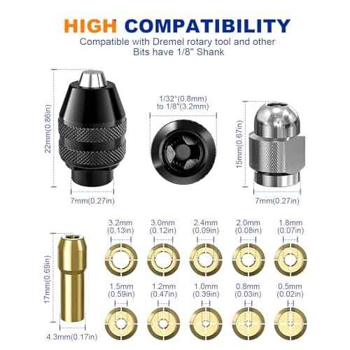 15Pcs Chuck Collet Set for Dremel Tool Accessories, 1/32¡± (0.8mm) to 1/8¡± (3.2mm) Shank Replacement 4486 Rotary Tool Keyless Quick Change Chuck Bit with Replacement 4485 Brass Collet Metal Nut