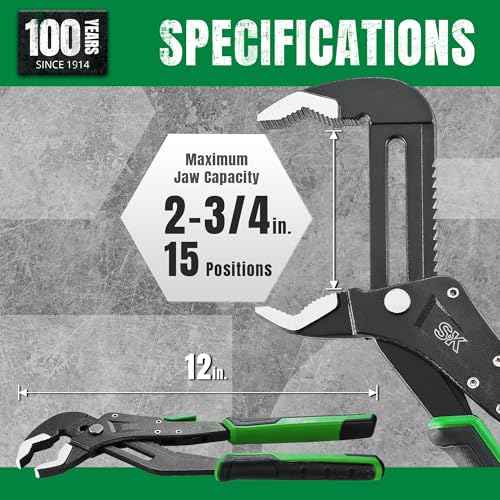 SK 12-Inch Quick Adjust Groove Joint Pliers, Water Pump Pliers, Premium CR-V Construction, SureGrip V-Jaw Design with Comfortable Grips