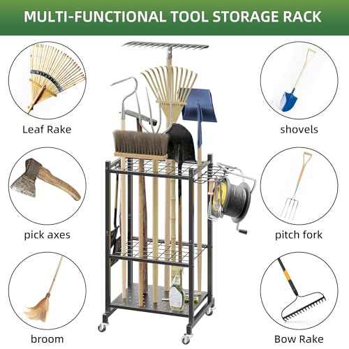 Garden Tool Organizer Stand with Wheels,Yard Tool Organizer for Garage with 2 Hooks, Rack Up to 42 Tools,Broom Holder & Garden Tool Rack for Shed, Patio, Outdoor Use
