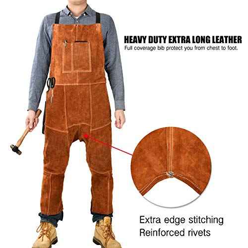 QeeLink Leather Welding Apron Split Leg for Men - Spark Flame Heat Resistant Bib Protective Chaps - Heavy Duty Cowhide Pants