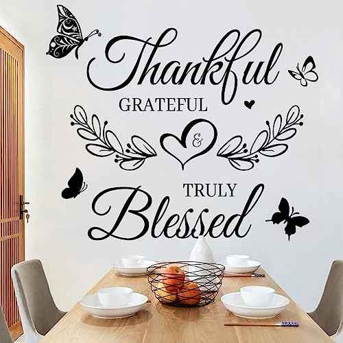 Inspirational Quote Wall Decor Thankful Grateful Blessed Wall Decal Quote Faith Vinyl Lettering Wall Stickers for Home Decor Living Room TV Background Home Decoration