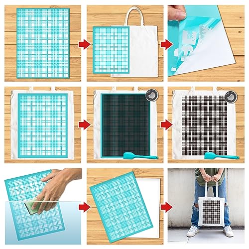2PCS Plaid Stencil Buffalo Reusable Grids Silk Screen Self-Adhesive Printing 8.5x11 Inch Check for Painting Wood Wall Tile Canvas Paper Fabric