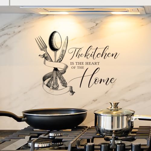 Kitchen-Themed Wall Decal - 'The Kitchen is The Heart of The Home' with Silver Utensils Design The Wall Decal adds a Warm and Functional Touch to Your Kitchen, Easy Peel & Stick