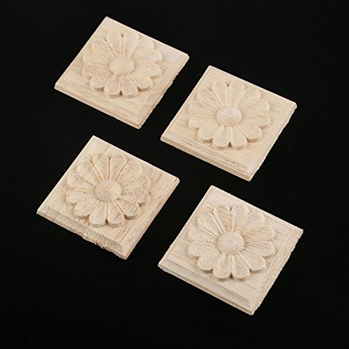 MUXSAM Wooden Carved Appliques Onlays, 4-Pack Unpainted Solid Wood Square Carvings Decals for Cabinet Dresser Cupboard Mirrors Walls Doors Closet Fireplace Wardrobe DIY Project, 6x6cm/2.36"x2.36"