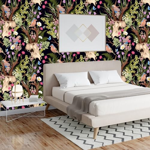 Peel and Stick Wallpaper Deer Skull, Boho Floral Wallpaper DIY Decor, 17.7"¡¿118"
