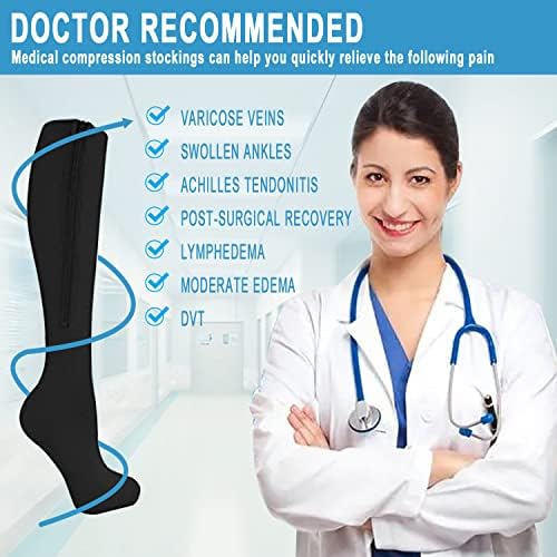 2 Pairs Medical Zipper Compression Socks 15-20mmHg for Women&Men, Knee High Compression Stockings