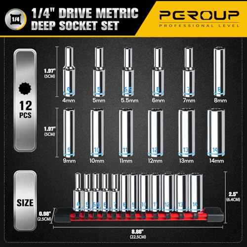 1/4" Drive Deep Socket Set, 12PCS Metric Socket Set (4-14mm), 12-Point Design, Blue Embossed Marking, Equipped with Storage Holder, Chrome Vanadium Steel