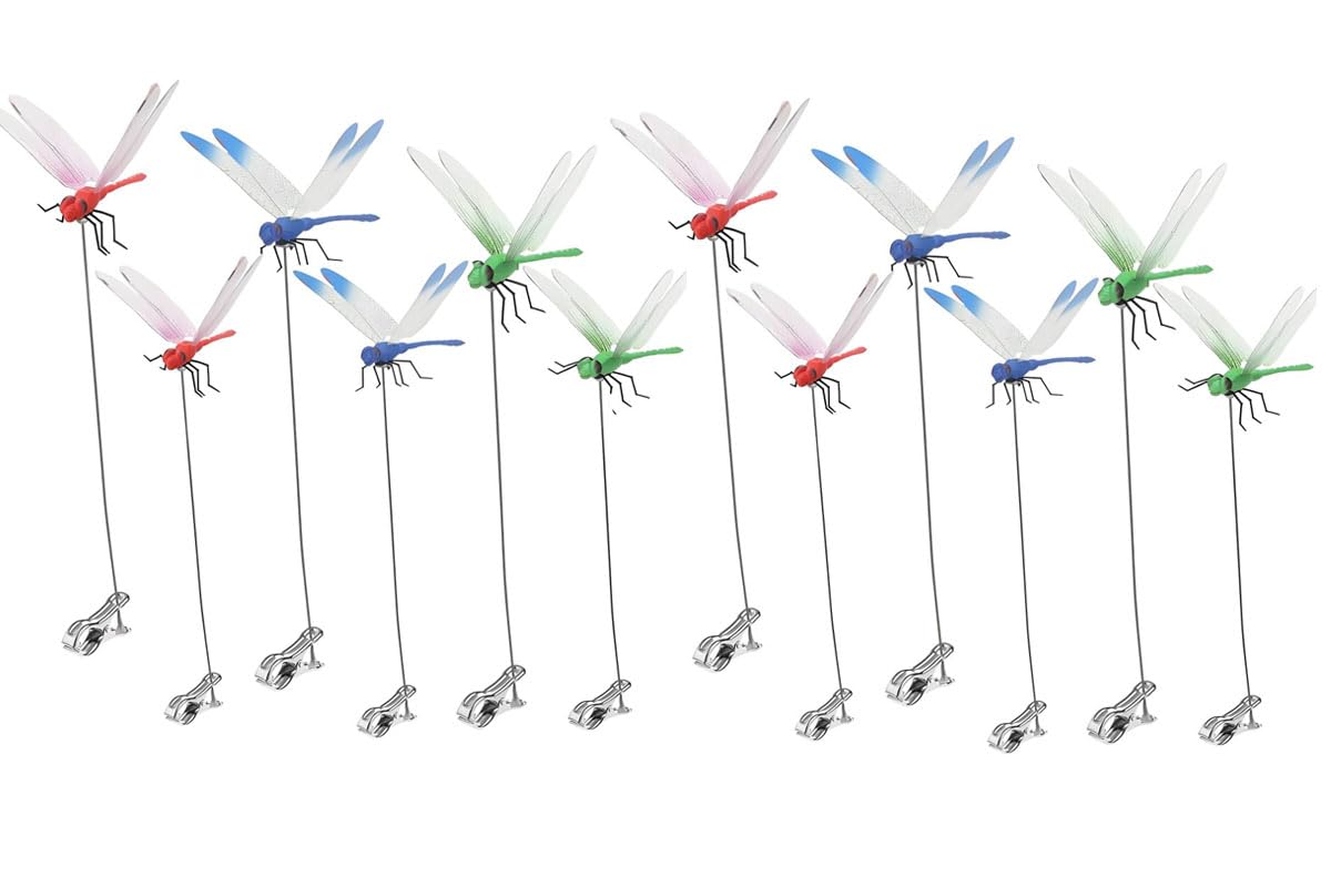12 Pack Dragonfly Clip,3D Dragonfly Garden Stakes Decor,Fly Deterrent,Dragonfly Humming Bird Stakes,Deer and Horse,Bird and Fly Scare Devices for Indoor Outdoor Garden