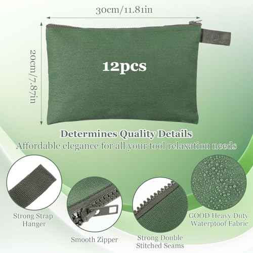 12 Pcs Canvas Tool Bag Pouch 16 oz Heavy Duty Zipper Pouch Bag 11.81 x 7.87 Inch Utility Multipurpose Tote Organizer with Dependable Zipper Storage Organizer for Tool Organization Army Green