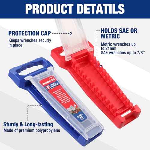 WORKPRO 2-Piece Wrench Organizer, 24-Slot Plastic Holder Set With Lock Cover, Metric & SAE Compatibility (Up To 19mm or 7/8), Premium Quality Rack Tool Trays With Carrying Handle