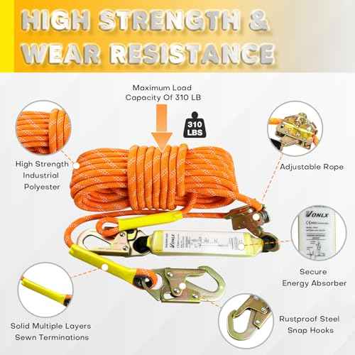 Fall Protection Safety Rope 25FT Heavy Duty Vertical Roofing Rope with Alloy Steel Grab Snap Hooks Shock Absorber Fall Protection Tree Climbing Line Kit Tree Stand Safety Line Kit
