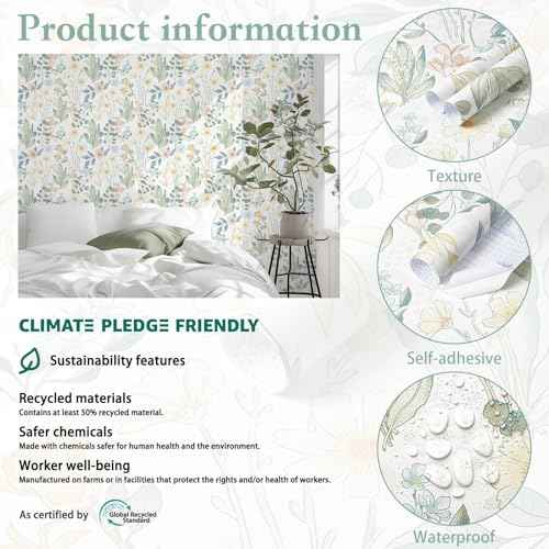 Heroad Floral Wallpaper Peel and Stick Boho Contact Paper Wildflower Botanical Wallpaper Removable Self-Adhesive Floral Contact Paper for Bedroom Bathroom Decoration Thicken Vinyl 17.3'' x 78.7''