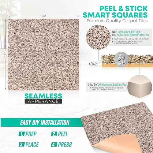 Feather Peel and Stick Carpet Tiles, Attached Cushion, Easy DIY Install, Soft Residential Carpet, American Made, Seamless Appearance, Plush (10 Tiles - 22.5 Square Feet) (Dovetail, 18x18)
