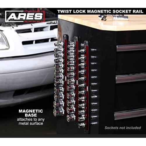 ARES 60169 ? 3/8-Inch Drive 15.5-Inch Red Twist Lock Magnetic Socket Rail - Store up to 12 Metric or SAE Sockets and Keep Your Tool Box Organized ? Magnetic Base for Easy Socket Organization