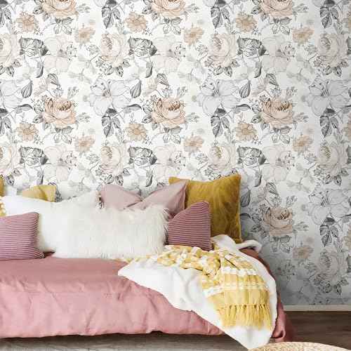Hopepak Floral Peel and Stick Wallpaper for Bedroom Modern Farmhouse Flower Wall Paper Self Adhesive Removable Contact Paper for Cabinets Bathroom Nursery Shelf Drawer 15.5'' x 78.7''