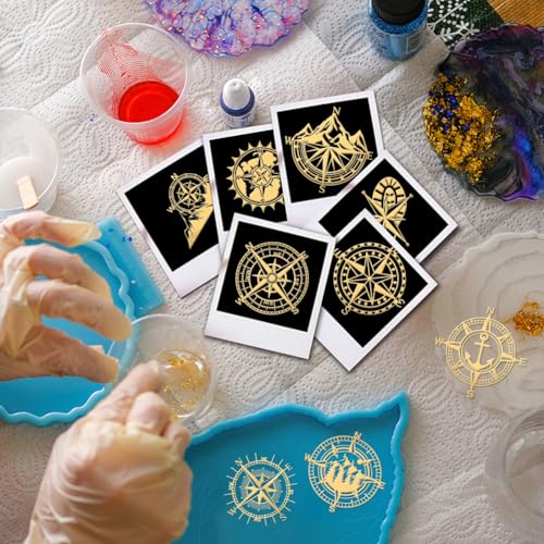 OLYCRAFT 9pcs 1.6x1.6 Inch Compass Theme Stickers Mountain Compass Stickers Self Adhesive Gold Metal Stickers Shoe Print Metal Stickers for Scrapbooks DIY Crafts Phone Decoration
