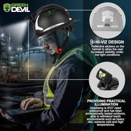 GREEN DEVIL Matrix Full Brim Hard Hat with Headlight Vented Construction Safety Helmet OSHA Approved Cascos De Construccion Work Hardhat for Men&Women