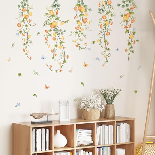 Hanging Flowers Vine Wall Stickers Yellow Morning Glory Wall Decals Autumn Floral Butterflies Art Wall Decor for Bedroom Living Room Sofa TV Backdrop