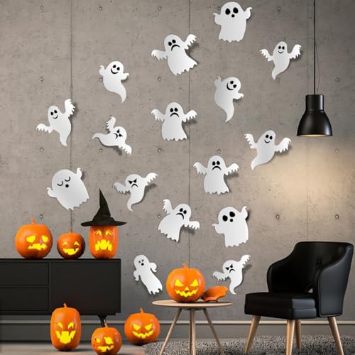 24pcs 3D Ghost Stickers - Reusable Cute Halloween Decor - Self-Adhesive White Ghost Wall Stickers for Gothic Window, Door, Wall, Room, Closet