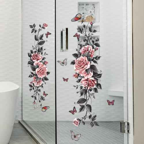 Black Butterflies Rose Wall Decals Pink Flower Vines Wall Stickers Vinyl Floral Wall Art Decor for Girls Bedroom Bathroom Beauty Salon Window Door Decorations