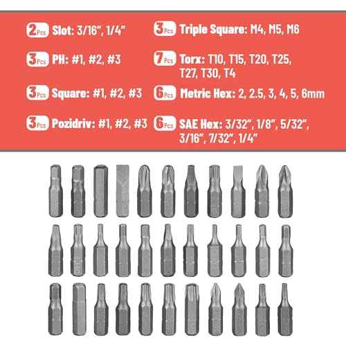 Bates Choice Mini Ratchet Set, 34 pcs, Cr-V Steel, 1/4" Low Profile Right Angle Screwdriver, 1/4 Bit Set, Red Storage Box, Screwdriver Bit Sets