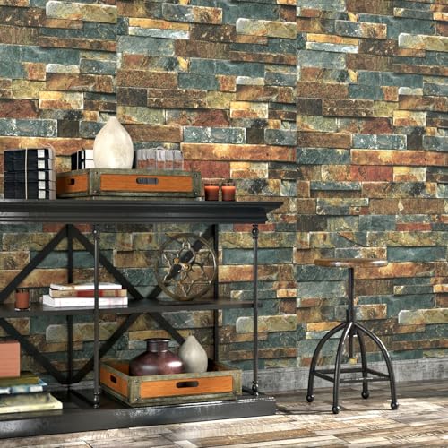 Wallercity Vintage Faux Blue/Brown Wallpaper Peel and Stick Wallpaper Waterproof Self-Adhesive Stone Wallpapers 3D Rock Textured Contact Paper for Kitchen Backsplash Living Room Bedroom 15.8''x78.7''