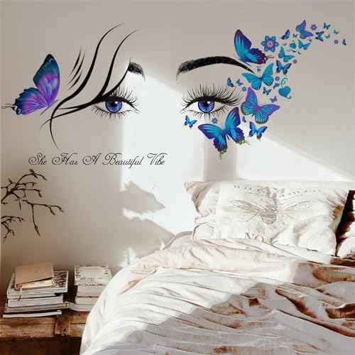 Blue Eyelash Eyes Butterfly Wall Stickers, sacinora Inspirational Quotes Motivational Word DIY Wall Decals Removable Vinyl Peel and Stick for Girls Women Kids Living Room Bedroom Nursery Art Decor