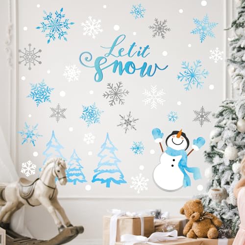 Winter Snowflake Snowman Wall Stickers Christmas Window Decals Small Room Mural Stickers for Party Home Bedroom Kitchen Decor, 7.9 x 11.8 Inch, 9 Sheets