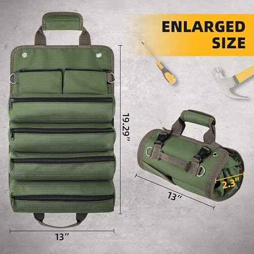 Heavy Duty Tool Roll Bag Organizer with Detachable Pouches, Gift for Men, Father's Day, For Mechanic, Electrician, Plumber, Carpenter (GREEN)