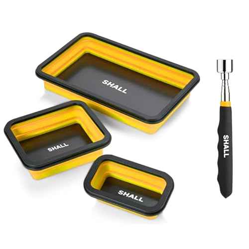 SHALL Collapsible Magnetic Tool Parts Tray and Telescoping Magnetic Pickup Tool Set, 3-Piece Silicone Foldable Magnetic Bowls & 25LBS Force Extendable Magnet for Mechanic Screw Bolts Nuts Washers Pins