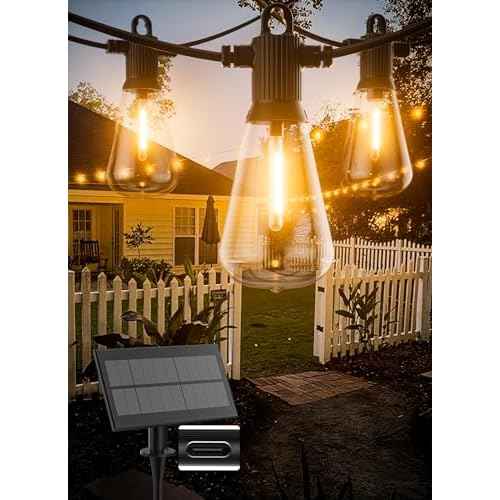 Solar String Lights Outdoor Waterproof 50FT with USB Port and 27 Shatterproof ST38 Bulbs(2 Spare), LED Solar Powered Patio Lights for Outside, Porch, Backyard, Bistro, Garden, Market - 2200K