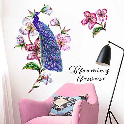 Watercolor Peacock on Flower Tree Branch Wall Decal Blue Peacock Wall Stickers Removable Living Room Girls Bedroom Office Sofa TV Background Wall D?cor