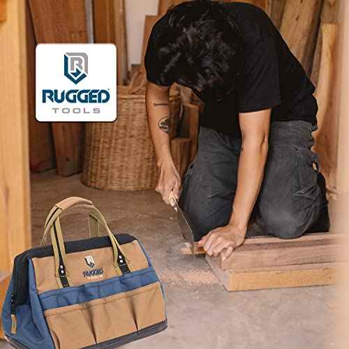 Rugged Tools Field 14" Wide-Mouth Tool Bag - Soft Sided Canvas Tool Bag For Plumbers, Electricians, Carpenters, and Handymen
