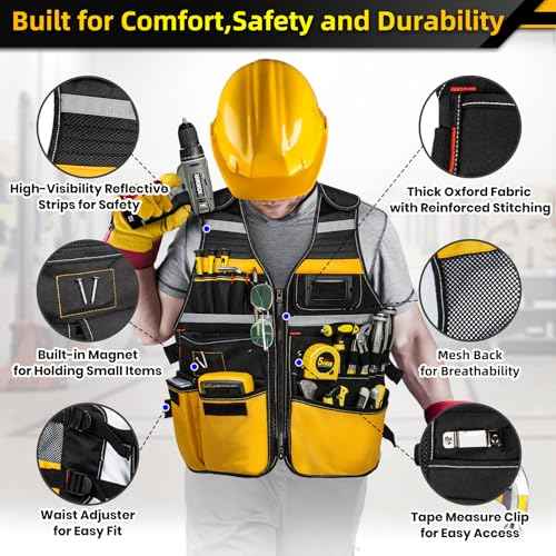Tool Vest, Electrician Tool Vest for Men, 22 Compartments, Reflective Workwear with Adjustable Waist & Upgraded Comfortable Neck Opening