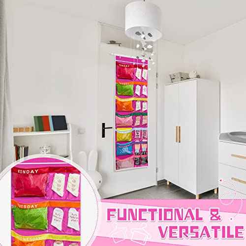 Oudain 2 Pcs Weekly Kids Clothes Organizer 59.5" x 18" Large with 14 Pockets Day of Week School Clothing Storage Monday to Friday Hanging Closet Organizer to Prepare a Week of Your Children(Purple)