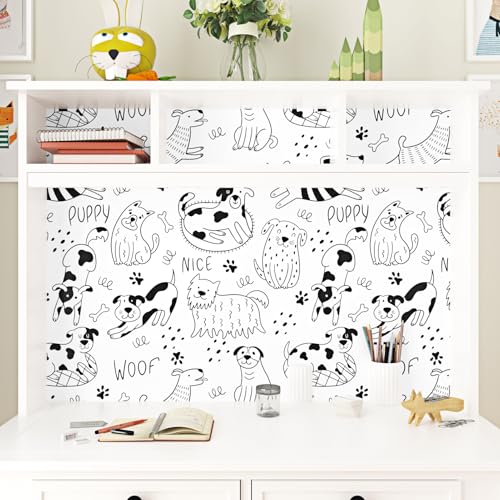 Black and White Dog Wallpaper Peel and Stick White Contact Paper Animal Nursery Wallpaper Fun Puppy Self Adhesive Contact Paper for Walls Kids Room Bedroom Cabinet Liner Dog Decor 17.5"x102"