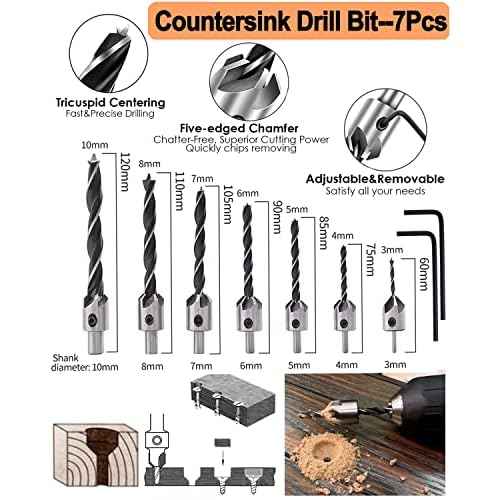 34 Pack Wood Working Chamfer Drilling Tools, 6 Countersink Drill Bit Set, 7 Counter Sinker Drill Bit Set, 8 Plug Cutters for Wood, 8 Drill Stop Bit Collar Set and 3 Step Drill Bits.