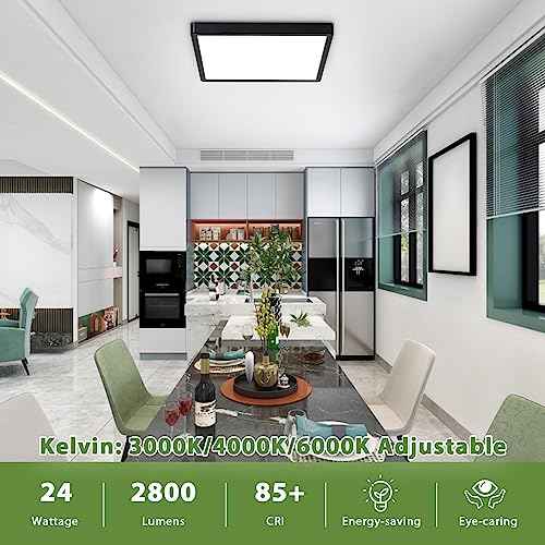 12 Inch 24W Flush Mount Square LED Ceiling Light, 3000K/4000K/6000K Adjustable Flush Mount Light Fixture, 2800LM Bright Flat Ceiling Light Fixtures for Bedroom, Kitchen, Hallway (Black-4 Pack)